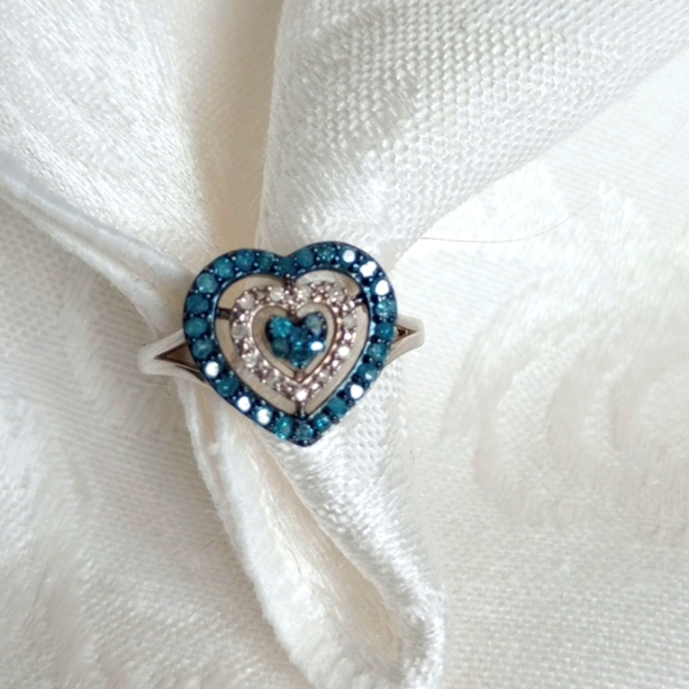 Size 7, SJD .925 Sterling Silver Natural Blue Diamond Double Heart